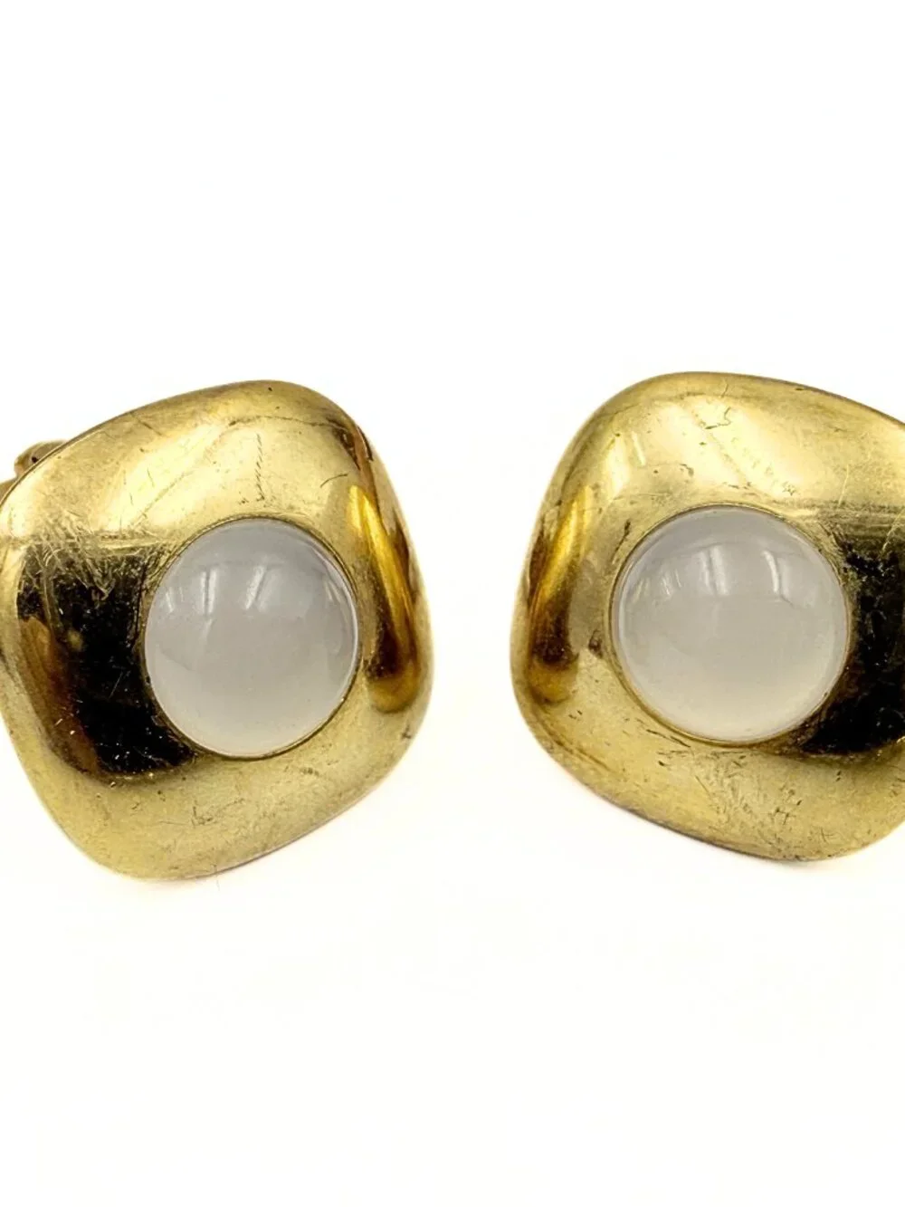 Anson Signed Pat Pend MCM Squircle Gold Plate Milky Glass Cufflinks